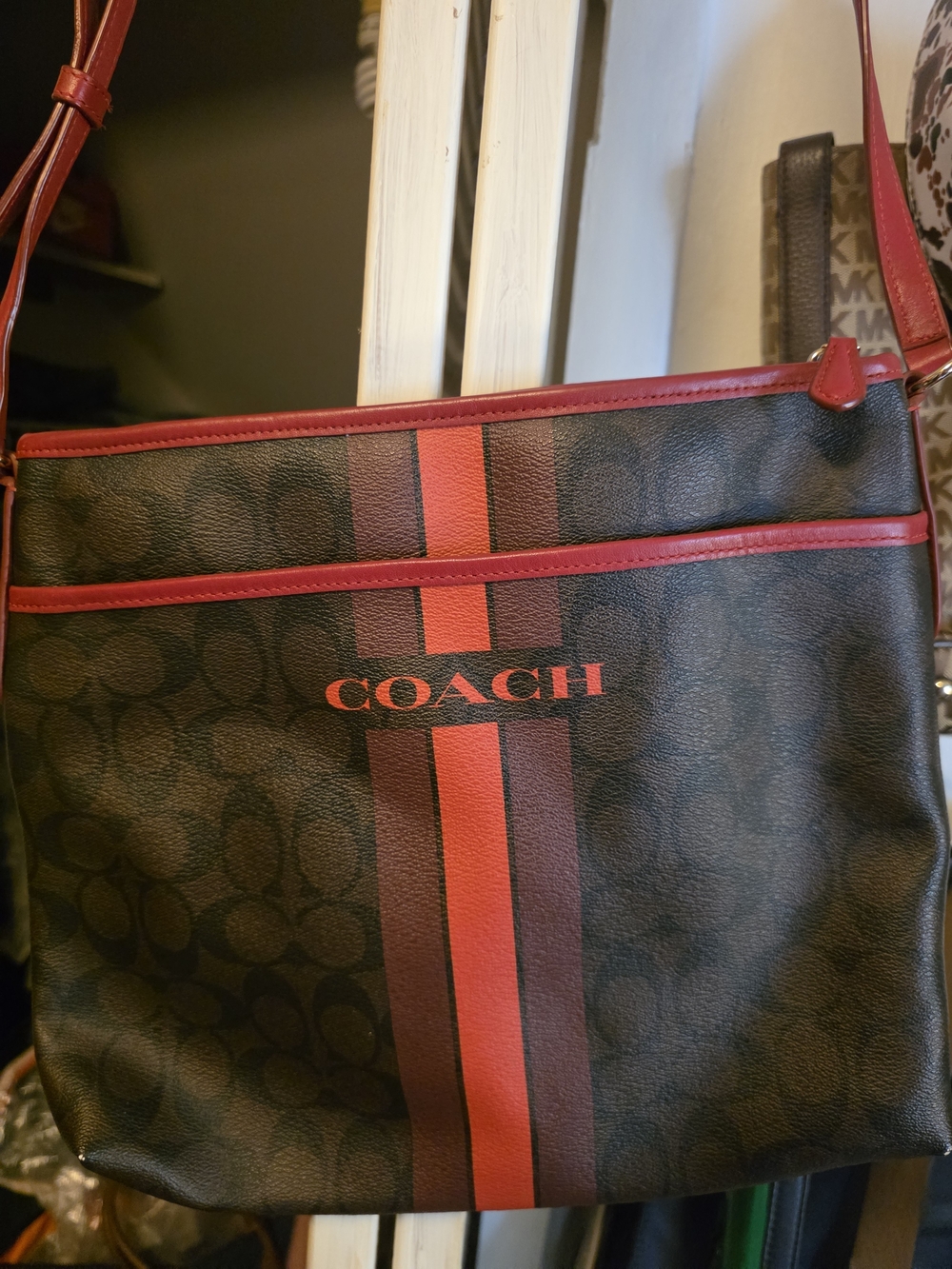 COACH Brown Signature Crossbody with Red Stripe Trim